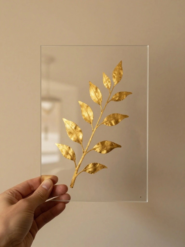 Hand holding clear panel with golden leaf branch against blurred wall