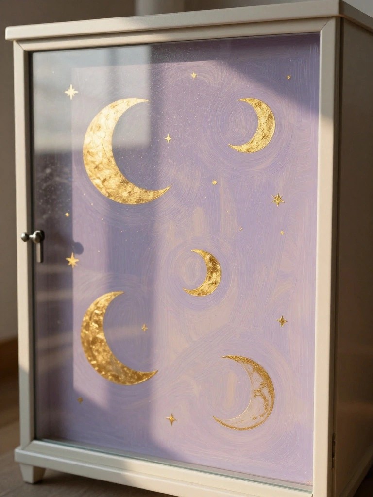 A white cabinet with a glass door painted with gold crescent moons and stars on a purple swirled background.