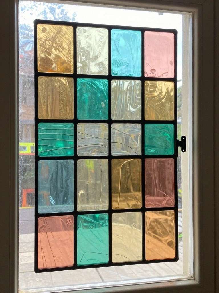 Colorful textured stained glass window with multicolored panes in black frame