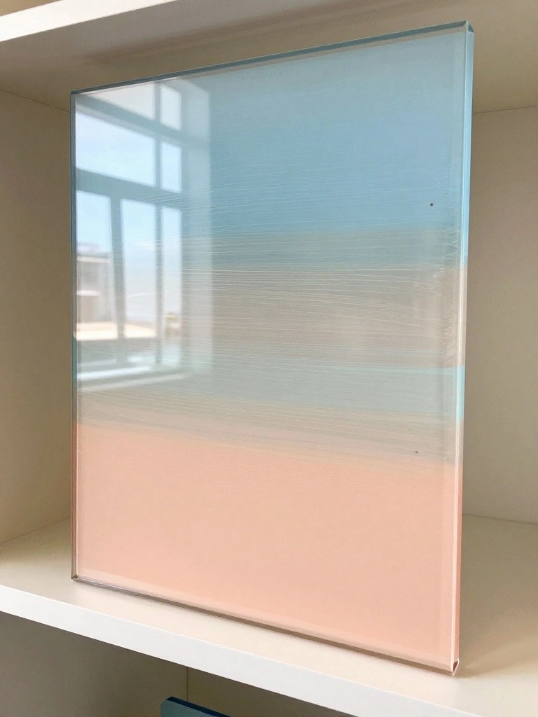 Rectangular glass panel with blue-to-peach gradient and horizontal brush strokes on a white shelf.