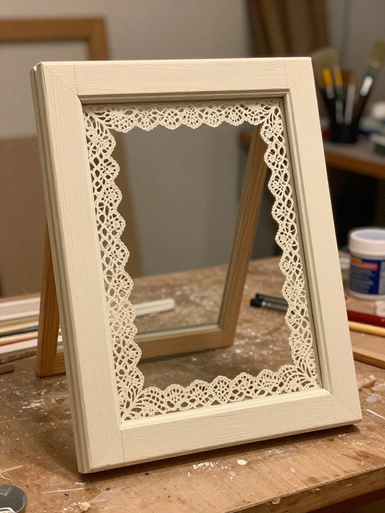 A white wooden frame with a white lace doily border around the inner edges of the glass, standing upright on a paint-splattered workbench.