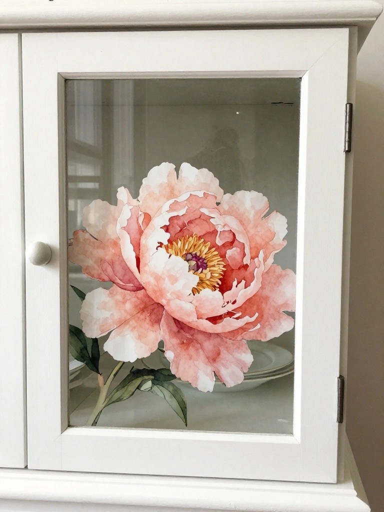 White cabinet glass door with large pink watercolor peony flower decal