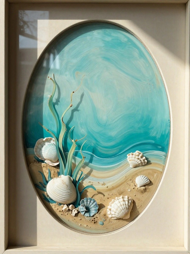Oval framed beach art with turquoise waves, sand, seashells, and green seaweed.