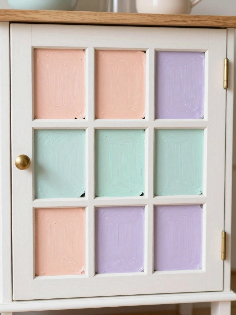 White cabinet doors with nine small glass panes per section painted in blocks of peach, mint green, and lavender with visible brush strokes.