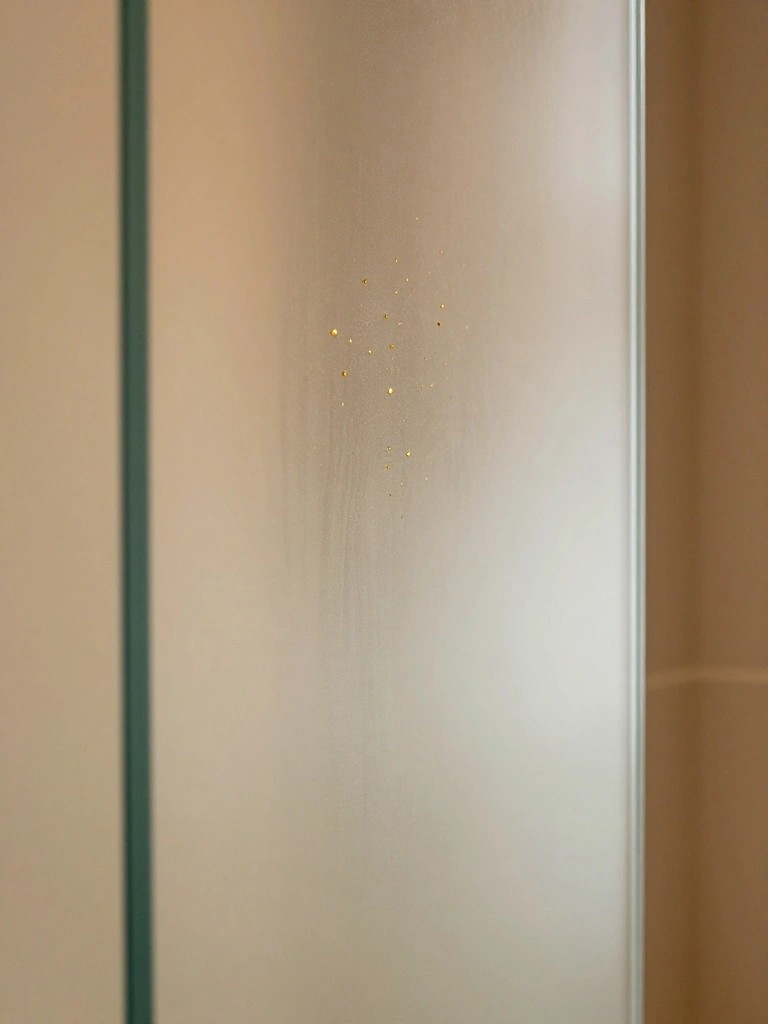 Frosted glass panel with scattered gold specks between vertical beige and green frames