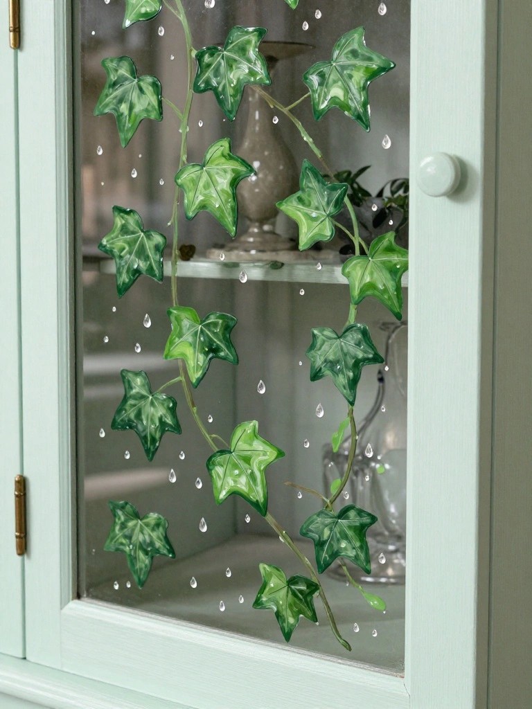 Mint green cabinet door with cascading ivy vine and water droplets