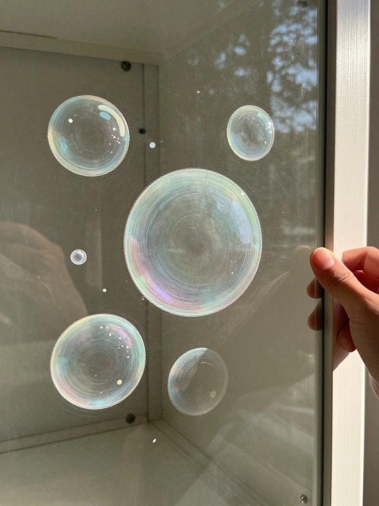 A hand holds open a glass cabinet door painted with multiple translucent iridescent circles of varying sizes resembling bubbles.