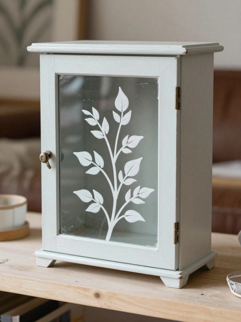 Small light blue wooden cabinet with white leaf design on glass door