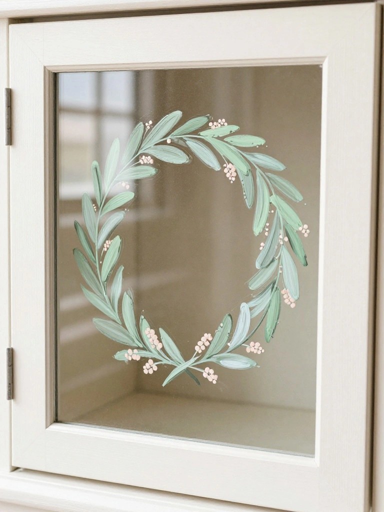White cabinet glass door with hand-painted green leaf wreath and pink berries