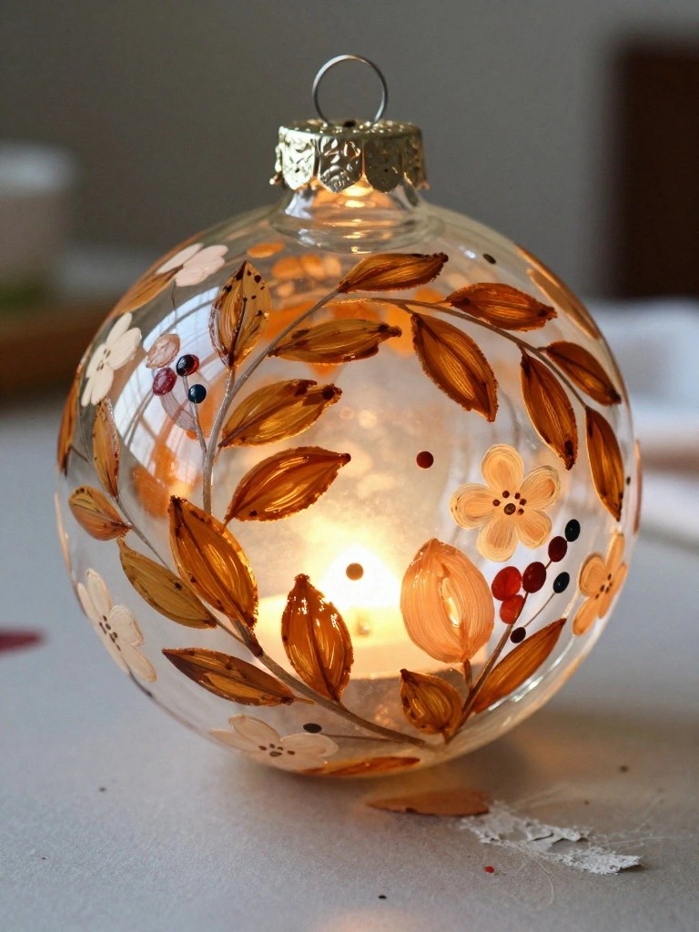 Glowing glass ornament with painted brown leaves, white flowers, and lit candle inside.