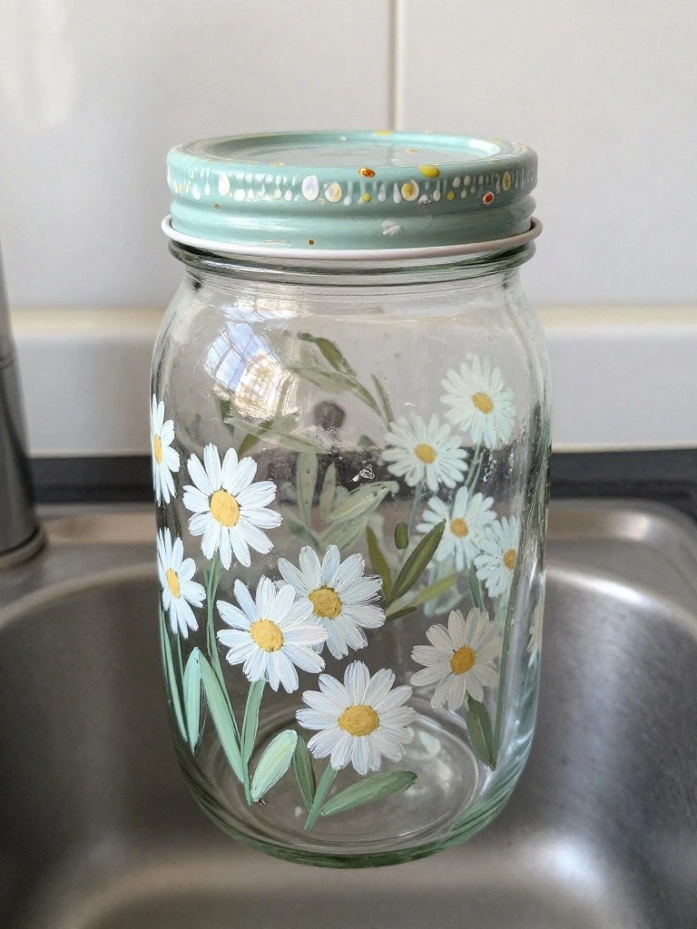Glass jar hand-painted with white daisies, green leaves, and blue dotted lid in sink.
