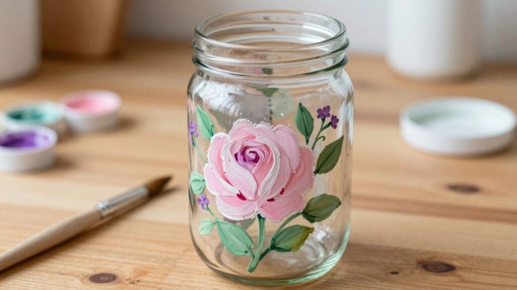 23 Gorgeous Glass Painting Designs Using Floral Borders and Leafy Motifs Glass jar hand-painted with pink roses, green leaves on wooden table