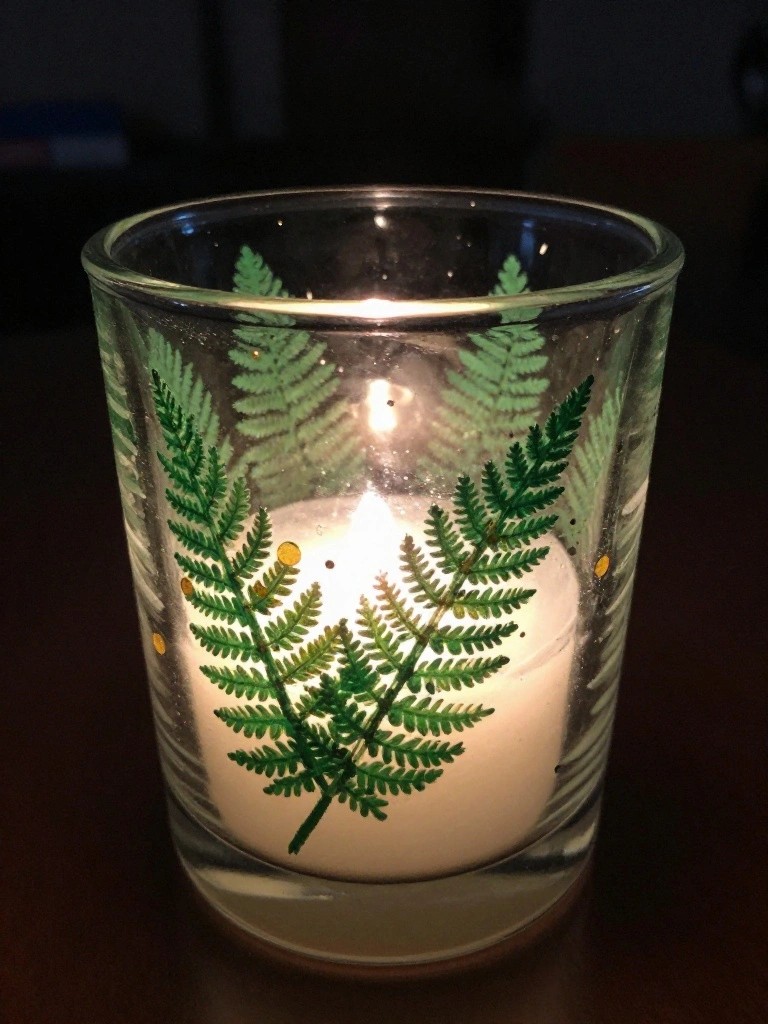 Lit white candle in glass holder with green ferns and gold dots