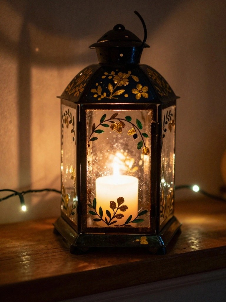 Lit candle glows inside ornate dark lantern with gold floral glass panels on wood.