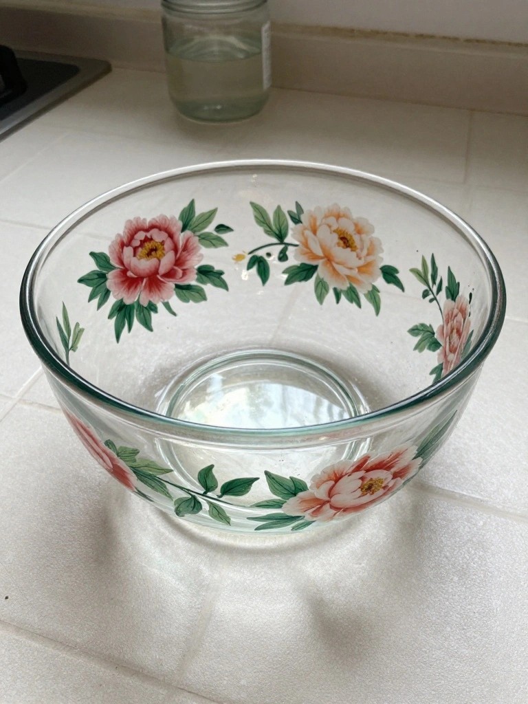 Glass bowl with pink floral patterns and green leaves on white tiles.