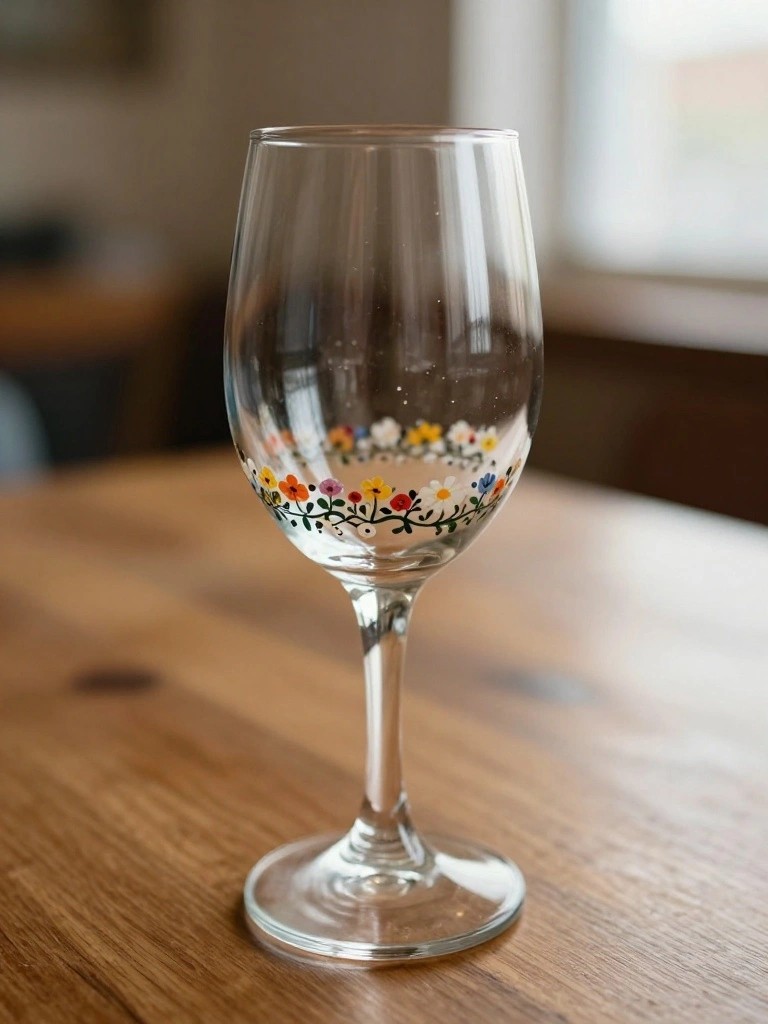 Clear stemmed wine glass with colorful floral band on wooden table