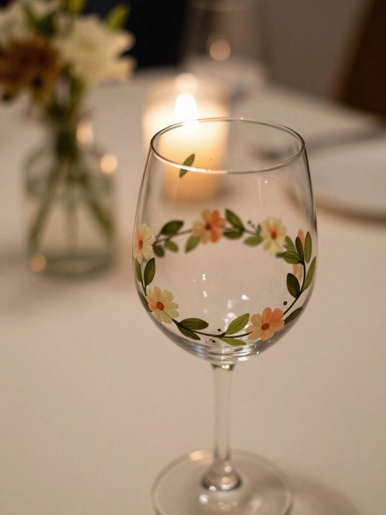 Wine glass with painted floral wreath on white table near lit candle.
