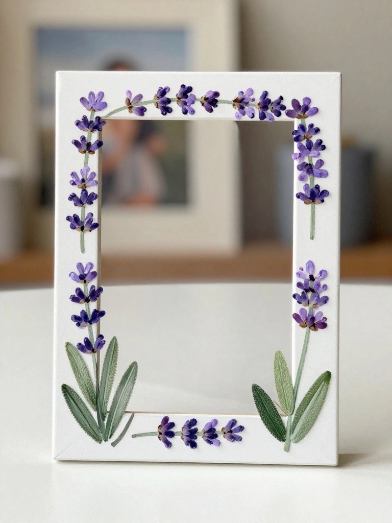 White rectangular frame decorated with purple lavender flowers and green leaves.