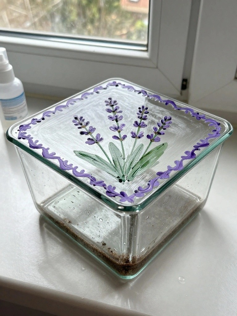 Square glass container with purple lavender painting on white windowsill