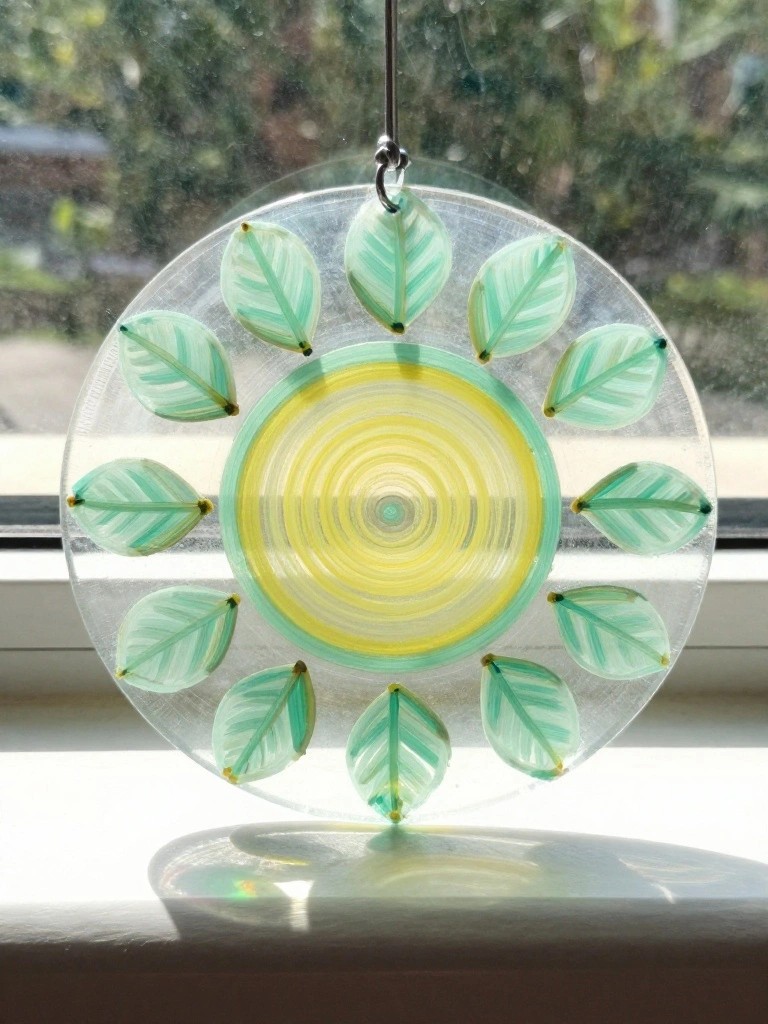 Circular glass sun catcher with yellow spiral center and green leaf rays in sunlight.