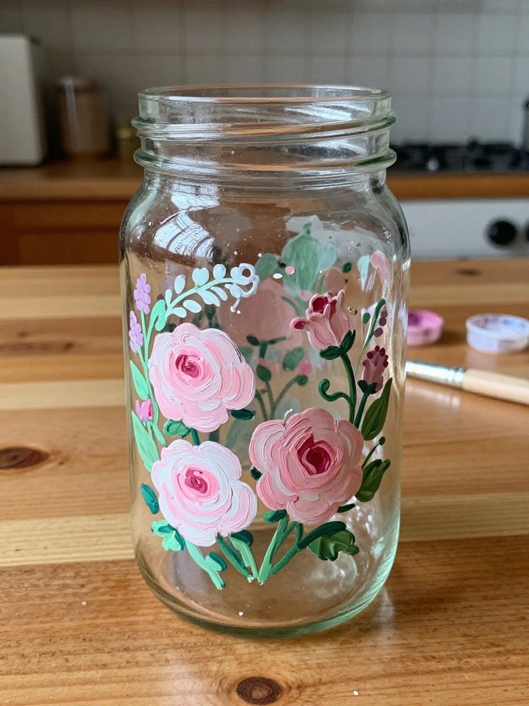 Glass jar hand-painted with pink roses, green leaves on wooden table