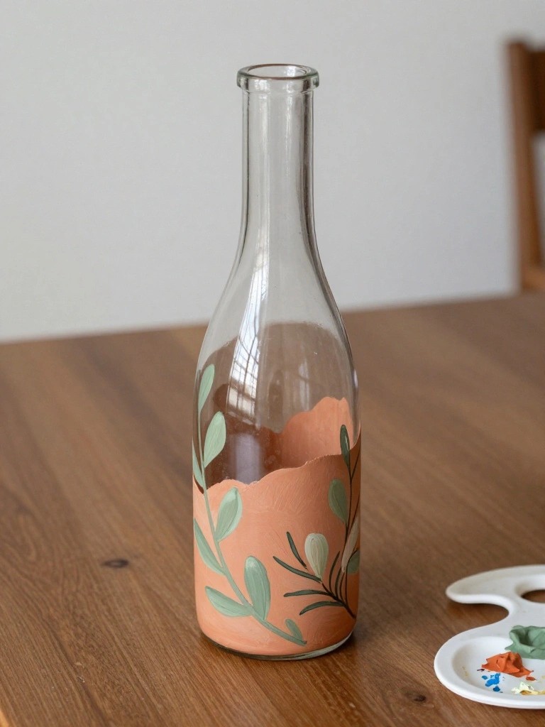 Glass bottle with peach paint and green leaves on wooden table beside palette