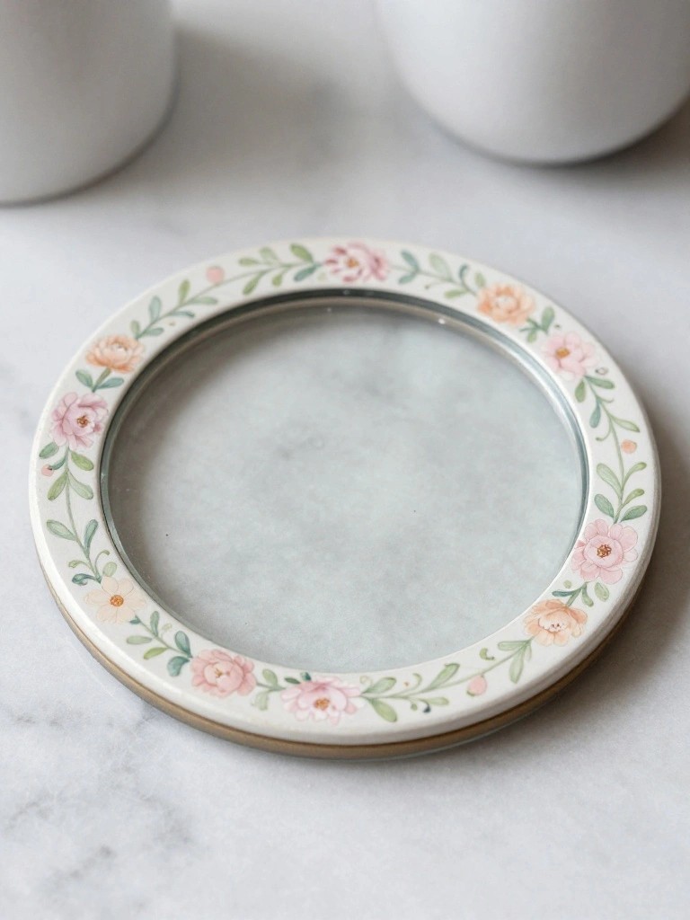 Round mirror with pink peach floral border on marble surface