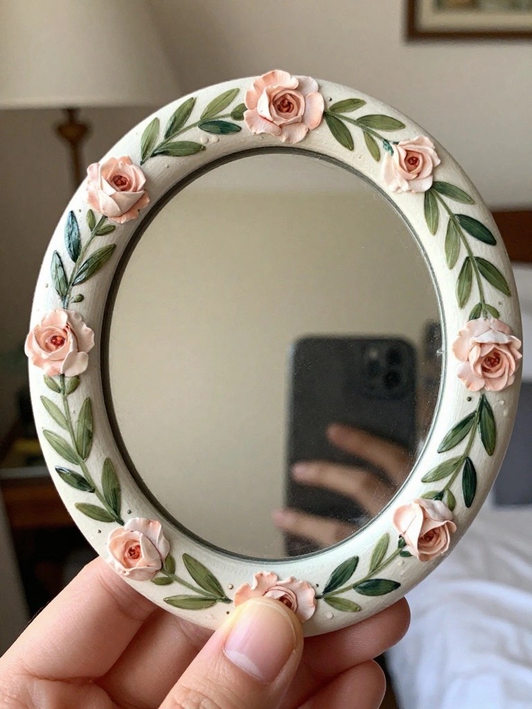Hand holding round mirror with white frame, pink roses and green leaves