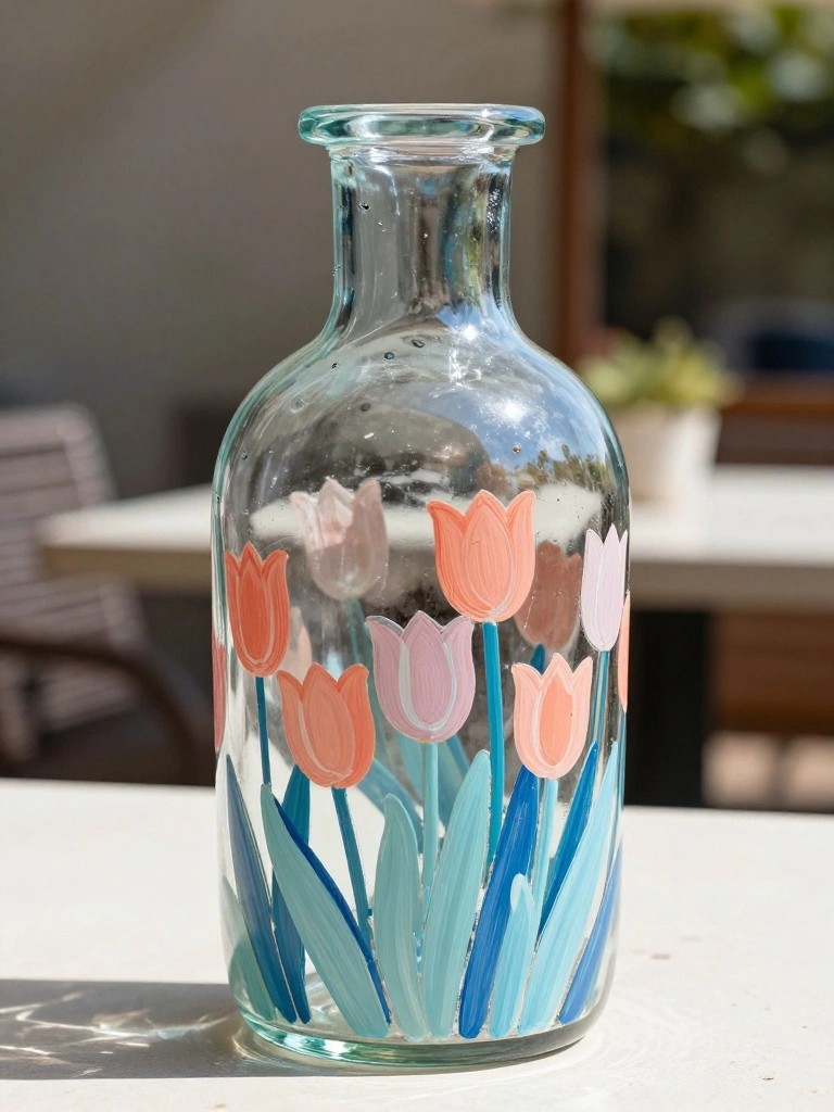 Glass bottle with hand-painted pink, orange, and purple tulips and blue leaves.