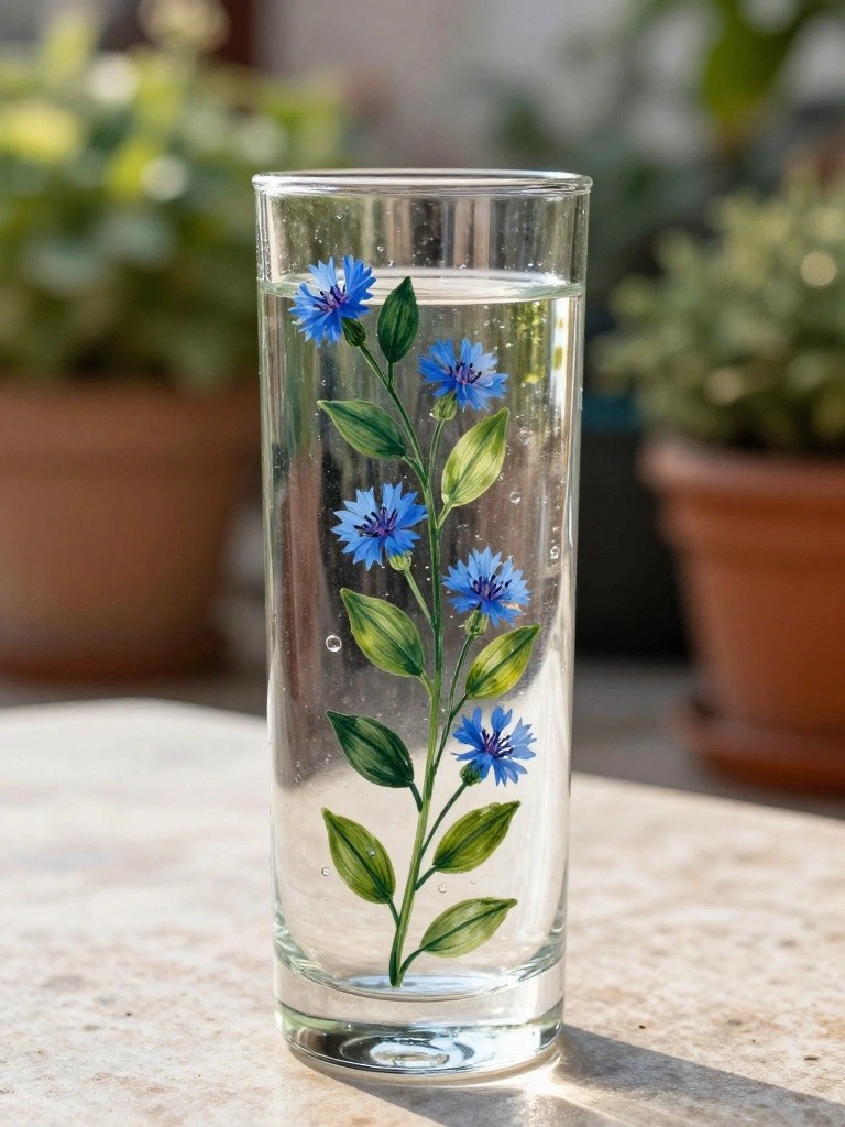 Tall glass of water with painted blue flowers and green leaves