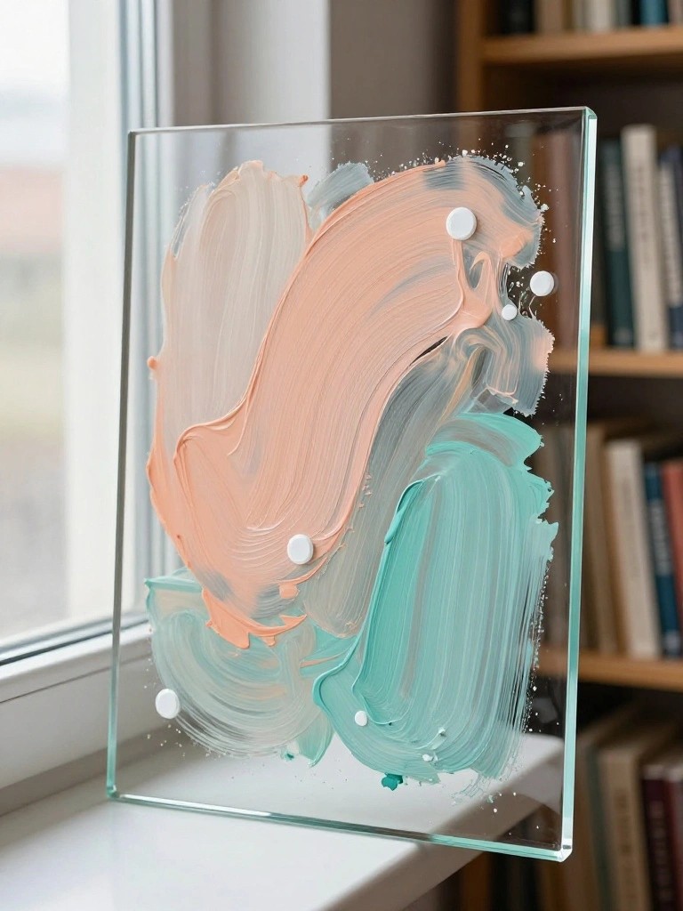 Abstract glass panel with peach and turquoise brushstrokes, white dots, on windowsill near bookshelf.
