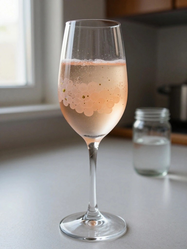 A stemmed wine glass filled with pink bubbly liquid shows a painted cluster of peach circles with gold dots on the lower bowl.