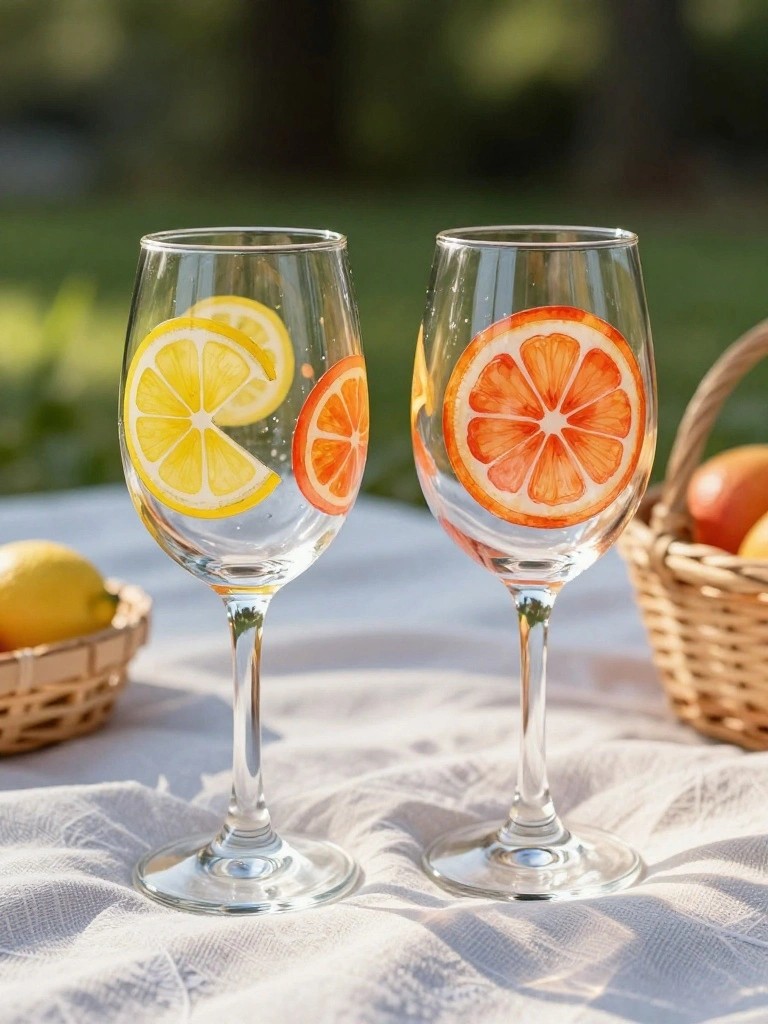Two wine glasses with lemon and orange slice paintings on white tablecloth