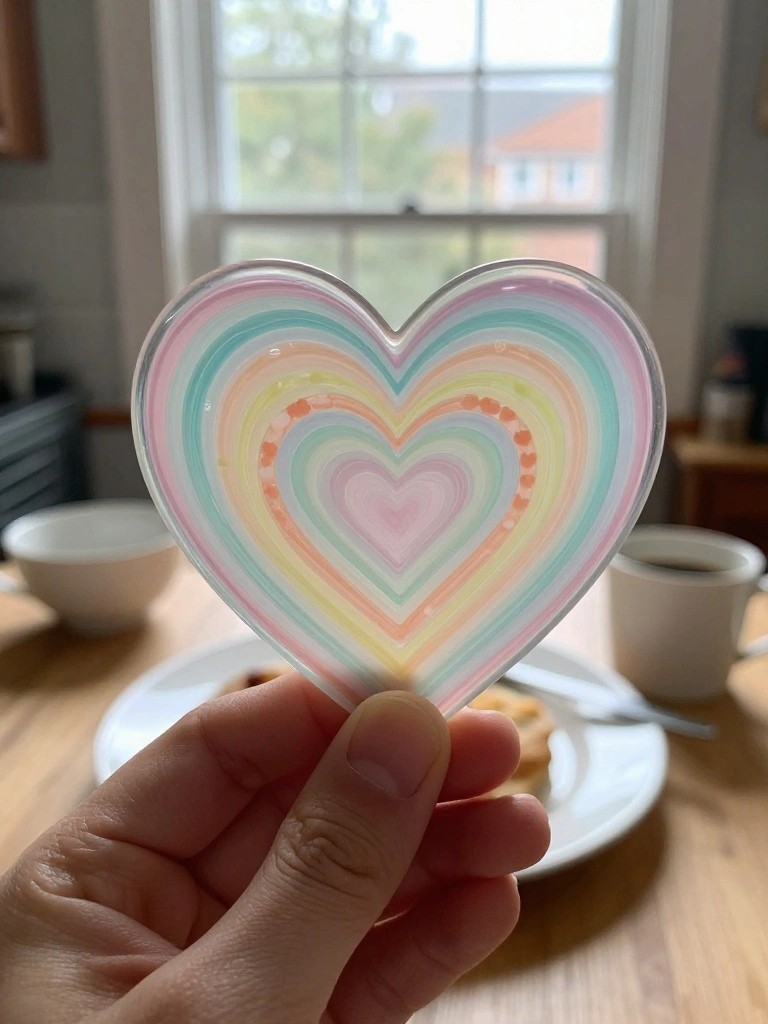 Hand holding translucent rainbow heart with concentric pastel stripes over breakfast table