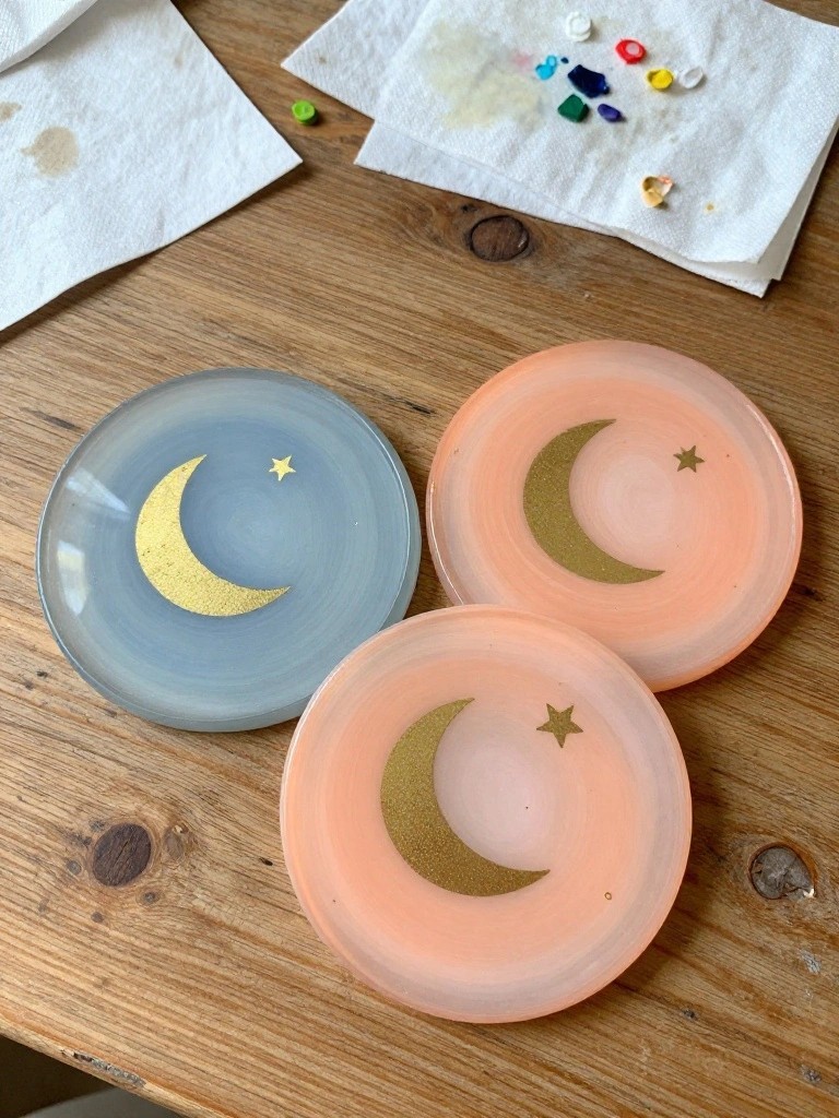 Three resin coasters with gold moons and stars on a wooden table
