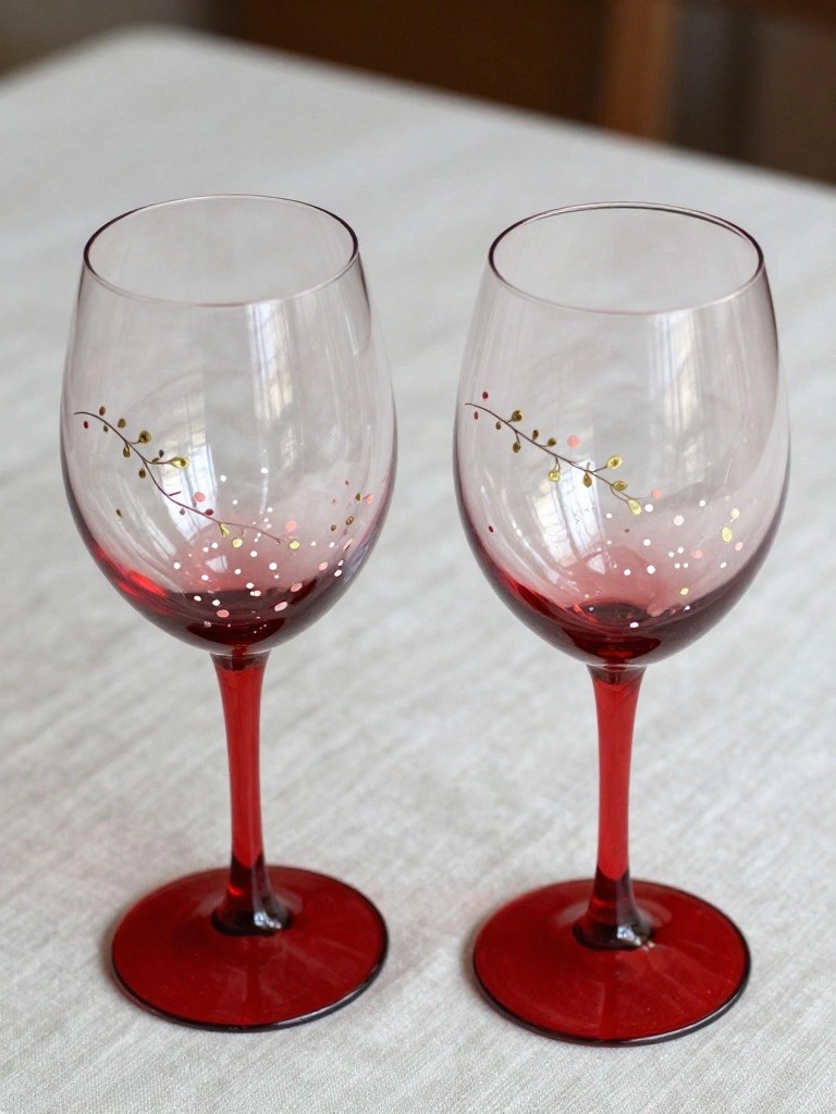 Two red-stemmed wine glasses with gold-pink dot decorations on white cloth