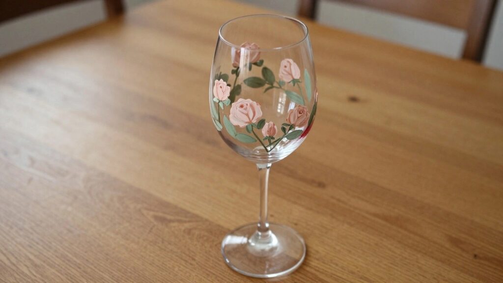 25 Romantic Wine Glass Painting Ideas Designed for Weddings and Date Nights Red wine glass hand-painted with pink rose and green leaves on wooden table
