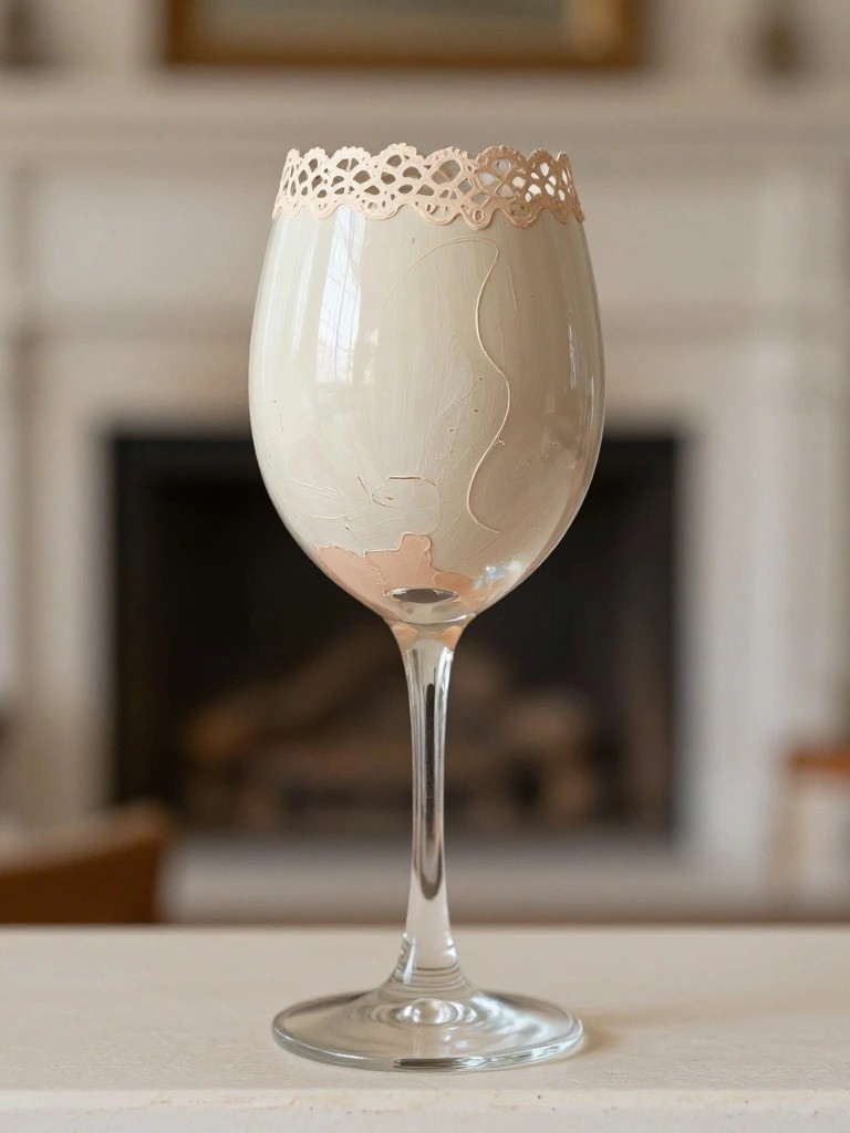 Elegant wine glass with lace rim and abstract beige patterns on blurred fireplace background.