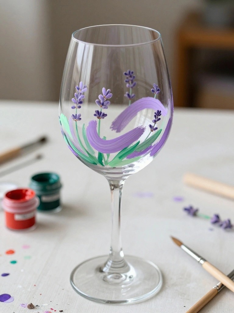 Wine glass hand-painted with purple lavender flowers amid paint jars and brushes