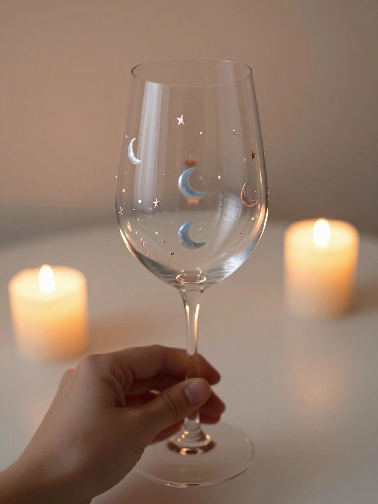 Hand holding wine glass decorated with moons and stars, lit candles in background.