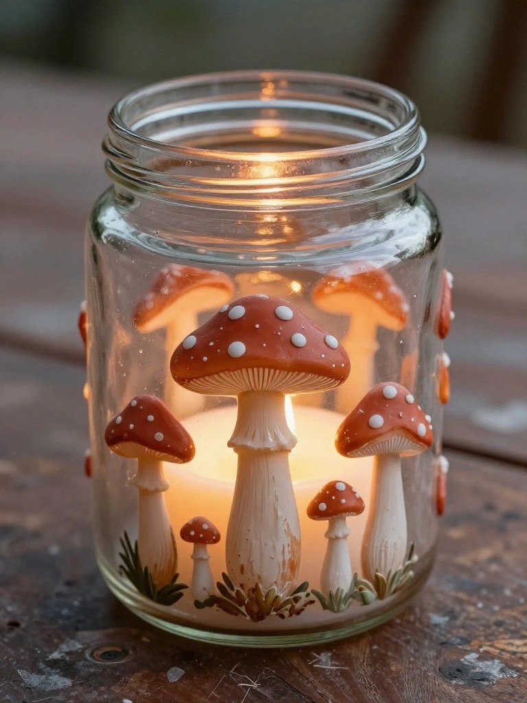 Lit candle glows in glass jar decorated with spotted mushrooms on wood