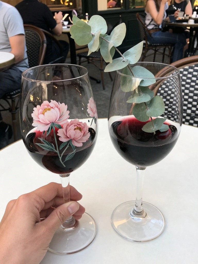Hand holds a wine glass with pink peony painting next to a second wine glass containing red wine and a sprig of greenery.