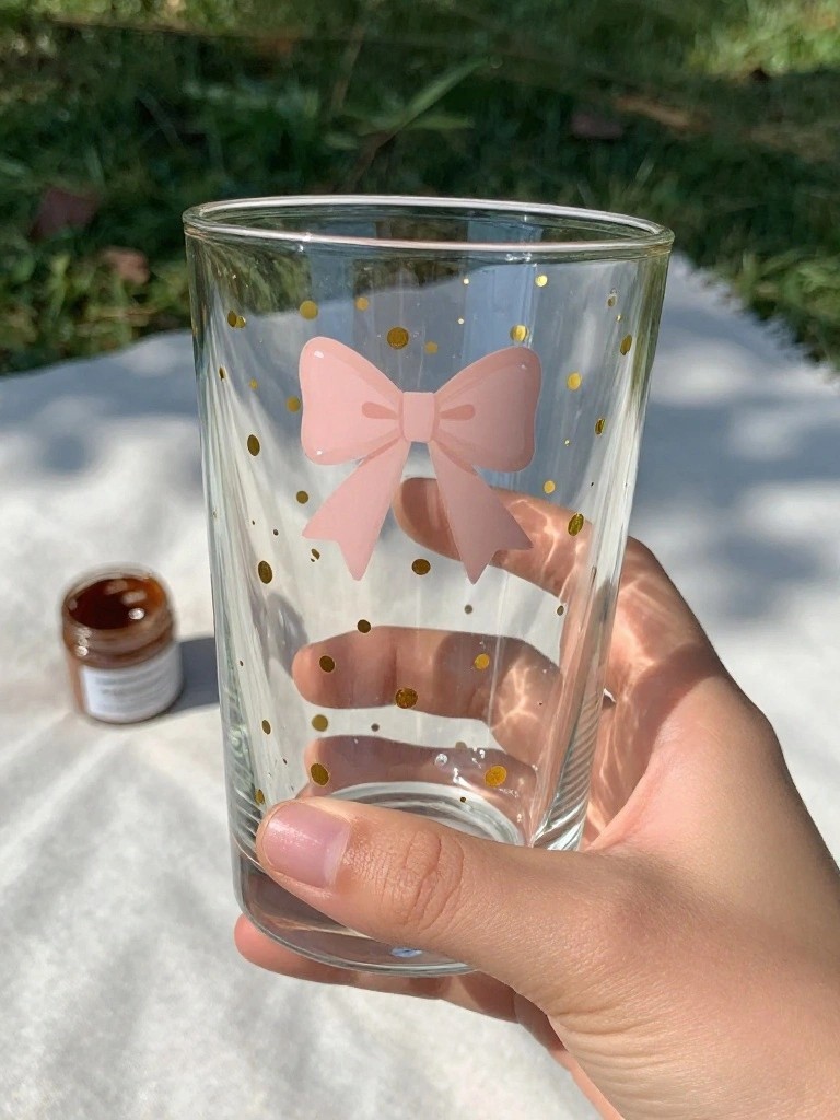 Hand holding clear glass with pink bow and gold dots outdoors