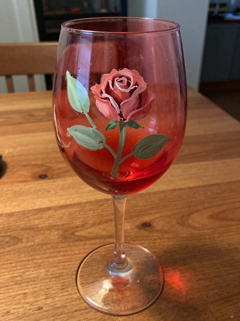 Red wine glass hand-painted with pink rose and green leaves on wooden table