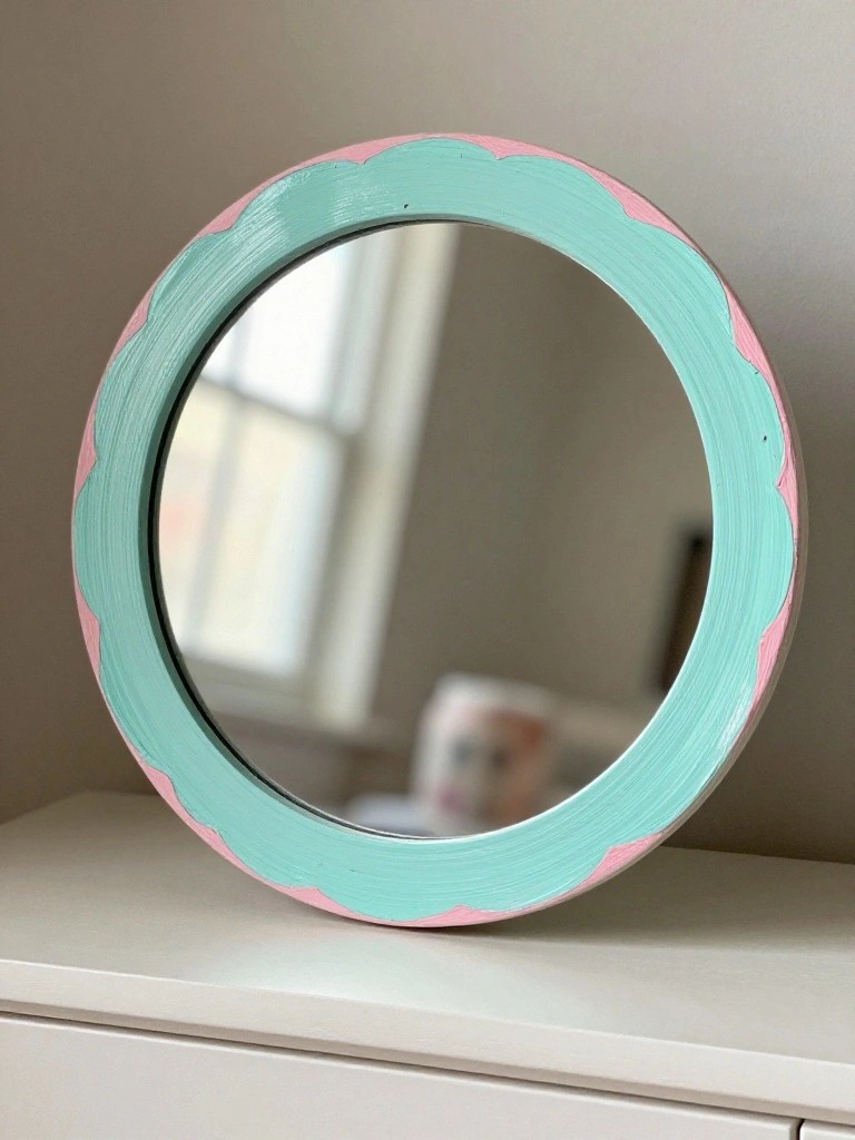 Round mirror with turquoise frame and pink scalloped edges on white dresser