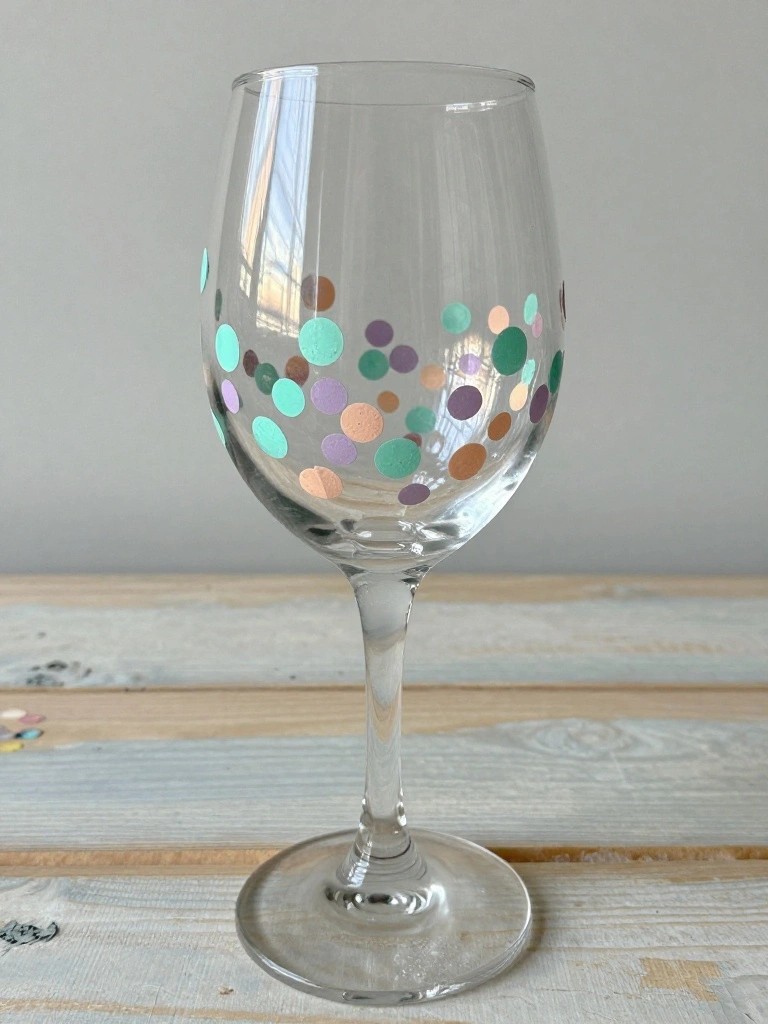 Wine glass with multicolored polka dots on light wooden surface