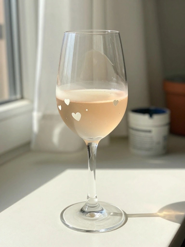 Wine glass with pink bubbly liquid and white hearts on sunny windowsill.