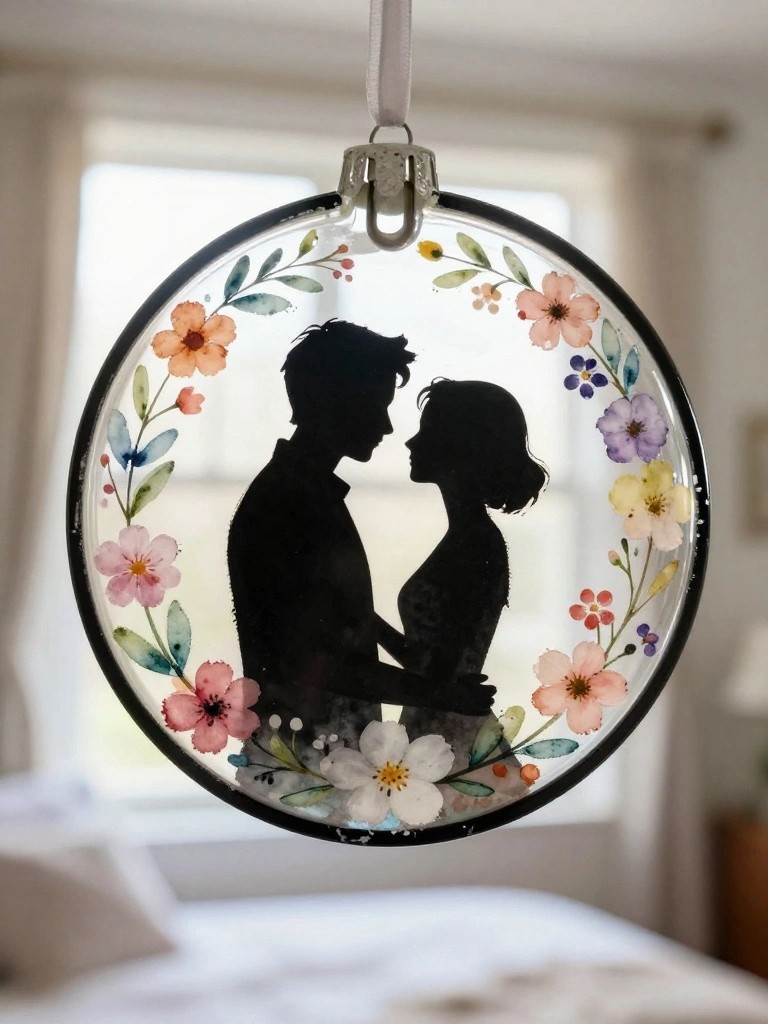 Round glass ornament with silhouetted couple embraced by colorful watercolor flowers