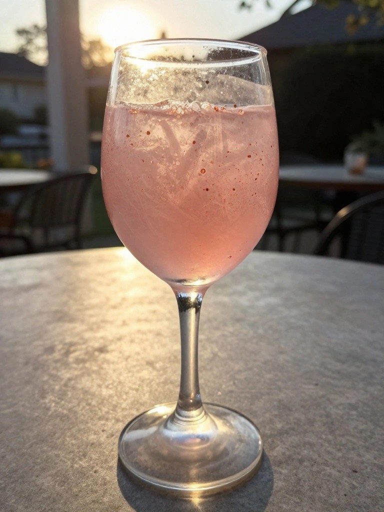 A clear wine glass with a pink drink and ice has small red dots scattered on its surface.