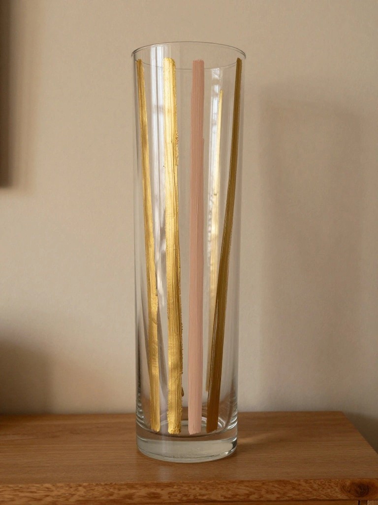Tall clear glass vase with gold pink and brown vertical stripes on wood table